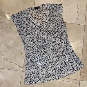 THE LIMITED Short Sleeve Sheer Leopard Print White Black Top